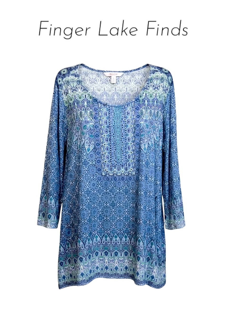 Ruby Rd. Blue & Green Printed Long-Sleeve Tunic Top